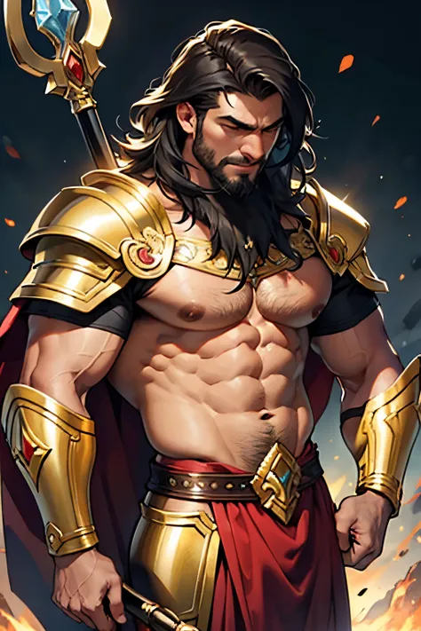 um Gladiador furioso , usando um elmo dourado , pele escura, cabelo curto , brasileiro ,barba grande, corpo extremamente grande e musculoso , holding a golden shield in his left hand and a golden spear in his right hand, Super Strength , corpo peludo , cor...