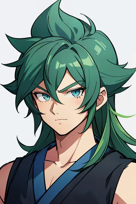 (high-quality, breathtaking),(expressive eyes, perfect face) 1boy, male, solo, young adult , light blue hair, green coloured eyes, stylised hair, gentle smile, long length hair, loose hair, side bangs, curley hair, really spiky hair, spiked up hair, lookin...