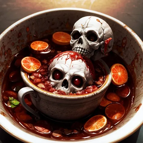 Deformed zombie head in a punch bowl.