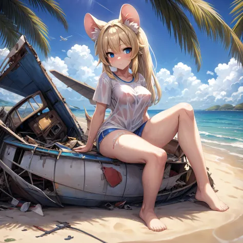 (Masterpiece) (High Detail) (High Res) A tiny short humanoid girl with blue eyes and long blonde hair and blonde mouse ears and a short thin mouse tail and average breasts. She is sat on the beach of a deserted island. Plane crash wreckage behind her. Plan...