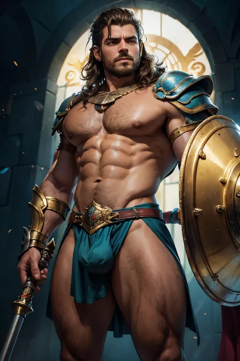 um Gladiador furioso , usando um elmo dourado , pele escura, cabelo curto , brasileiro ,barba grande, corpo extremamente grande e musculoso , holding a golden shield in his left hand and a golden spear in his right hand, Super Strength , corpo peludo , cor...