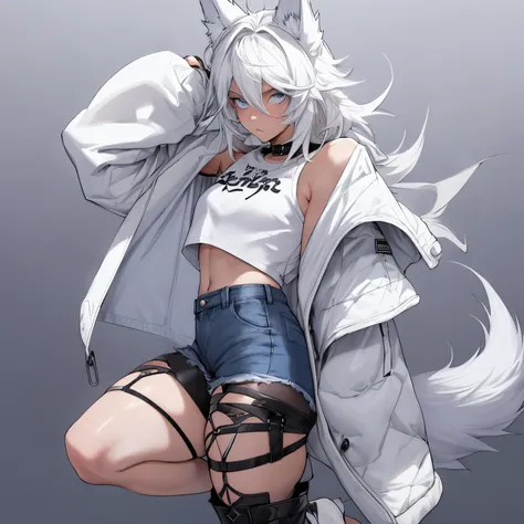 Single boy, Anime Femboy, Short, Long white hair, wolf ears, wolf tail, blue eyes, wearing short denim shorts, thigh high fishnets, black combat boots, wearing fur lined open jacket, flat chest, super flat chest, wearing cropped t-shirt, solo femboy, only ...