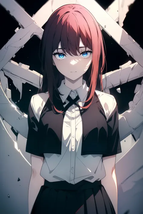 (Obra maestra, La mejor calidad, ultrahigh resolution), 1girl, standing, school uniform, white office shirt, black pleated skirt, ((light brown, light brown hair:0.7), long hair cut, pale skin, ((blue eyes)), glowing_eyes, neon eyes, (ultra detailed eyes, ...