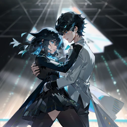 (Top resolution),1womanl,1male people,Anime, Blue eyes,Delicate eyes,Black hair,1 large blade,Black Mini Dress,Suits,Flesh-colored tights,Stage Background,Dancing on stage,2guys