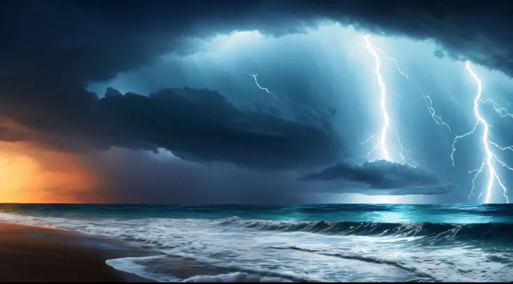 (extremely detailed cg unity 8k wallpaper), the most beautiful artwork in the world, ocean, storm, lightning, night, clouds, dar...