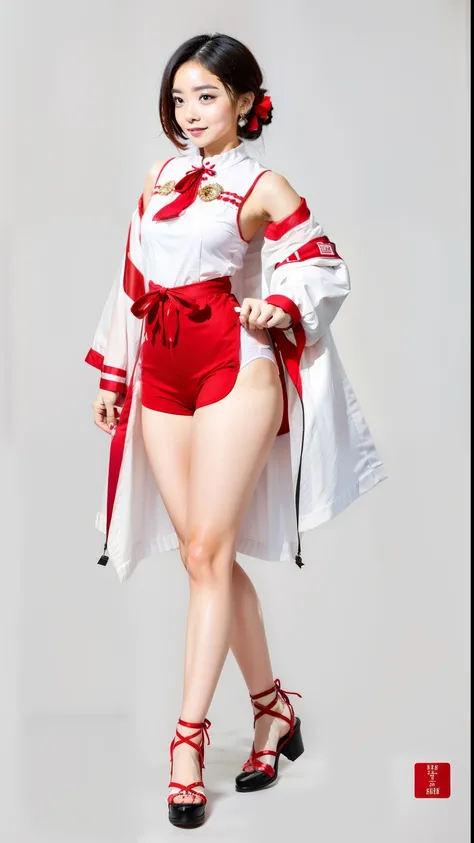 a woman in a red and white outfit