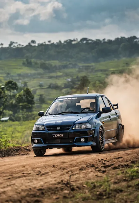 A Close Up Shot of A Proton Saga, wide body, flushed fitment wheels, taking in (Sony A7RIII 18mm focal length), (f5.6 aperture), (1/80 shutter speed), (bokeh), dusty winding roads, paddy fields, motion blur, unobtrusive, realistic, details sky, majestic, 8...