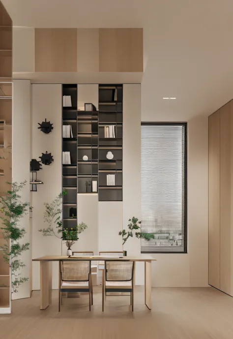 (Study room scene with rolling shutters),wooden floor,bookshelves,Computer,a chair,A pot of greenery
