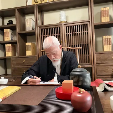 there is a man sitting at the table writing a book, inspired by dongyang, selangor, he was about 8 0 years old, riichi ueshiba, ...