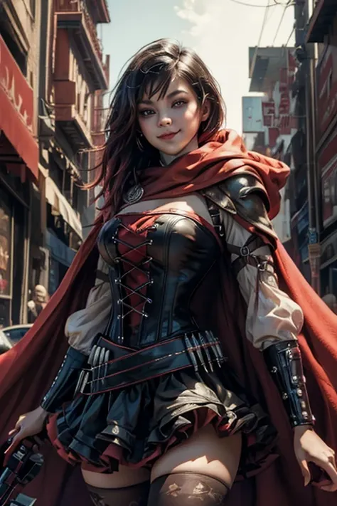 (masterpiece, best quality:1.2), solo, 1girl, mistralrose, smile, looking at viewer, dress, corset, red cape, thighhighs cyberpunk city background