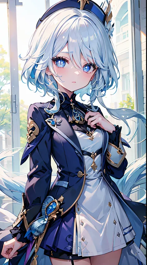 masterpiece, best quality, 1 girl, furina, genshin impact, white hair, blue hair, cute, tear shaped pupils