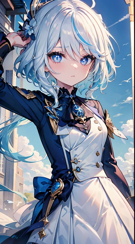 masterpiece, best quality, 1 girl, furina, genshin impact, white hair, blue hair, cute, tear shaped pupils