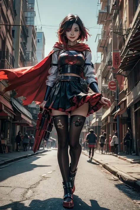 (masterpiece, best quality:1.2), solo, 1girl, mistralrose, smile, looking at viewer, t-shirt, skirt, pantyhose, red cape, thighhighs cyberpunk city background