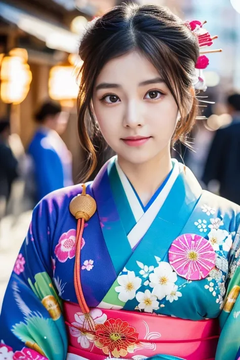 1 girl, from front, ((japanese girl wearing kimono, super gorgeous vivid colored long sleeves kimono:1.5, beautiful furisode:1.4)), (beautiful detailed face), (Beautiful detailed eyes, 
Detailed double eyelids,Large eyes:1.4, drooping eyes), (Fair skin: 1....