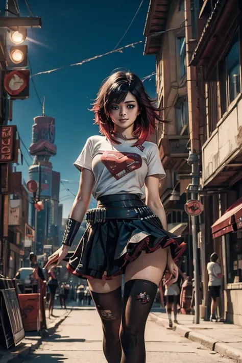 (masterpiece, best quality:1.2), solo, 1girl, mistralrose, smile, looking at viewer, t-shirt, skirt,  thighhighs cyberpunk city background