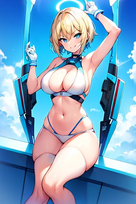 1girls, bikini, white bikini, blue trim, neon trim, sneakers, shoes, tech, scuence-fiction, futuristic, machinery, smile, tongue out, tongue, blonde hair, very short hair, blue eyes, breasts, large breasts, wide hips, thick thighs, smirk, smug, pixie cut