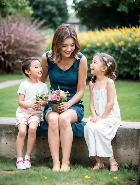 fide woman and two small children sitting on bench, exquisite facial features, 70mm portrait, celebrating, photo shot, beautiful...