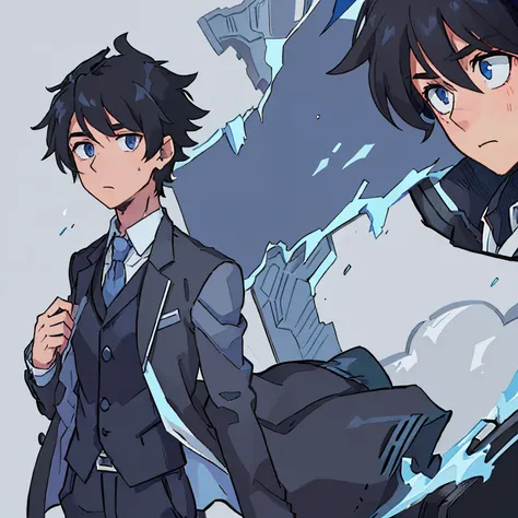 Male, 20, black hair, blue eyes, school uniform (black suit jacket, white button up, blue vest under). Tall. Attractive. Messy hair.