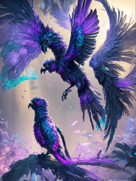 ultra realistic digital painting of a purple mecha raven with neon blue bioluminescence, translucent materials, intricate machin...