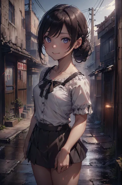 ((Photorealistic lighting, quality, 8K, tmasterpiece: 1.3)), 1 sister, (Hairstyle Casual, : 1.1), The face is super delicate, Elaborate Eyes, 二重まぶた, ssmile,Look at the audience， (White thin strappy blouse)), ((a black short skirt))，(alleys), daoshi，