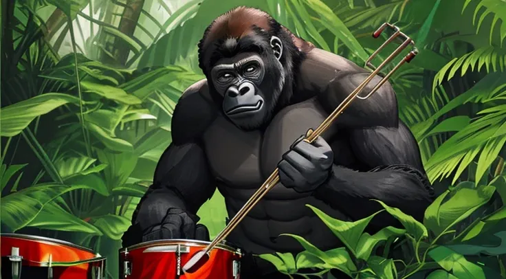 Gorilla drumming in the jungle