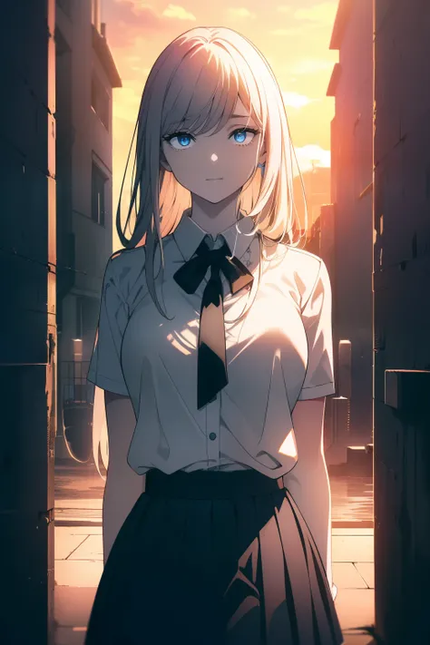 (((Obra maestra, La mejor calidad, ultrahigh resolution))), 1girl, standing, school uniform, white office shirt, black pleated skirt, ((light brown hair:0.7)), long hair cut, pale skin, ((blue eyes)), glowing_eyes, neon eyes, (((ultra detailed eyes, beauti...