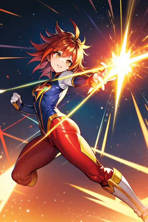 Female, Flash, the flash, speedster, blue, yellow, red hair, yellow eyes, spiky hair, long hair, speedsters suit,  speedster, lightning, electricity, running, 1girl, crimson red hair, medium hair, sparking, sparks, short hair, white gloves, white boots, fl...