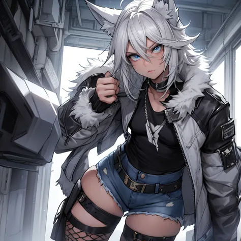 Single boy, Anime Femboy, Short, Long white hair, wolf ears, wolf tail, blue eyes, wearing short denim shorts, thigh high fishnets, black combat boots, wearing fur lined open jacket, flat chest, super flat chest, wearing cropped t-shirt, solo femboy, only ...