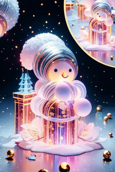 Christmas, a cute and beautiful Chinese girl wearing a glowing traditional Santa Claus costume, carrying a transparent glowing backpack, holding a beautiful Christmas wreath in both hands, standing in a bright and warm Christmas decorated room, looking at ...