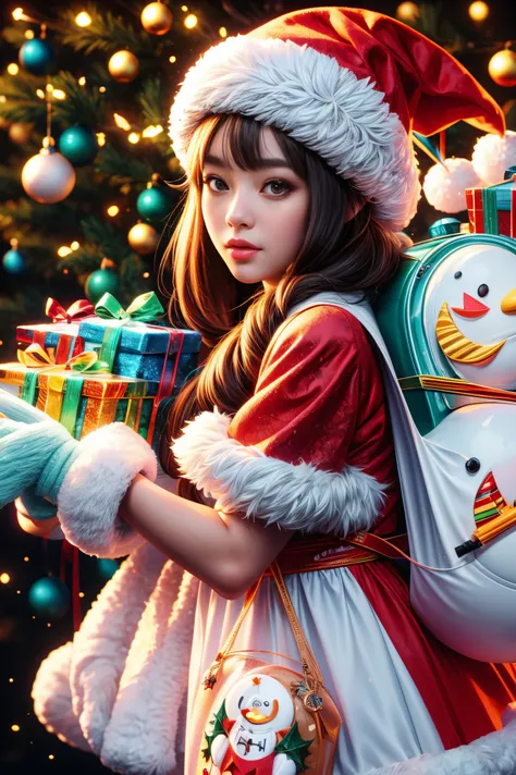 christmas, a cute and beautiful chinese girl wearing a glowing traditional santa claus costume, carrying a transparent glowing b...