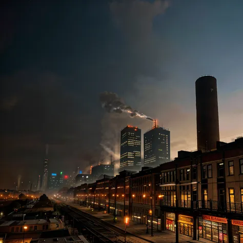 industrial city, surround by wall, steampunk, rusty and heavy, smoke, chimney, factories, gears, machinery, tall buildings, towers, steam power, steam pipes, streetlights, (cinematic lighting:0.8, super detail, bloom)