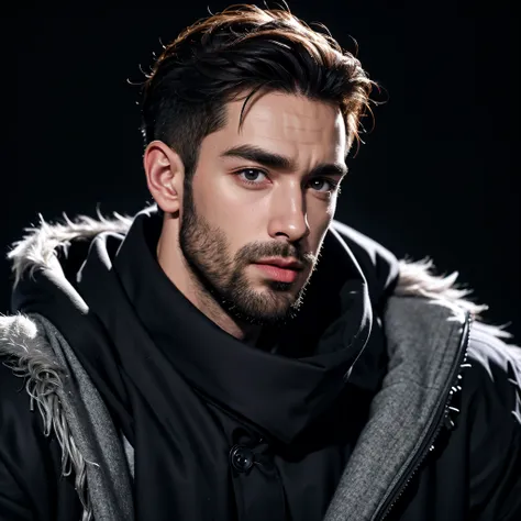 handsome british male, wide jaw, beard, upper body portrait, winter coat, black background, photorealism