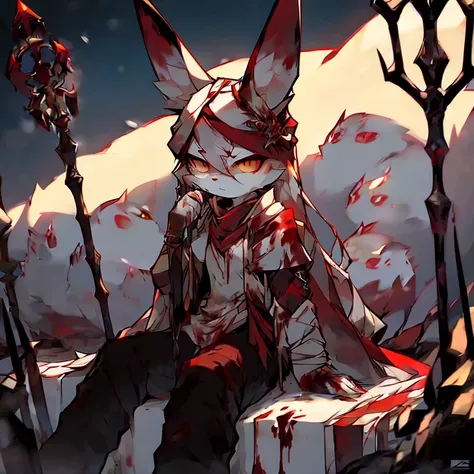 ( female white bunny)   ( forest cover in snow  )  ( body covered in blood) ( death glare  )  ( sitting )   (Black pants with red symbol on it )   (yellow  eyes ) ( staff in the Snow) ( red eyes surrounded her ) ( emotionless in the eyes) ( wiping the bloo...