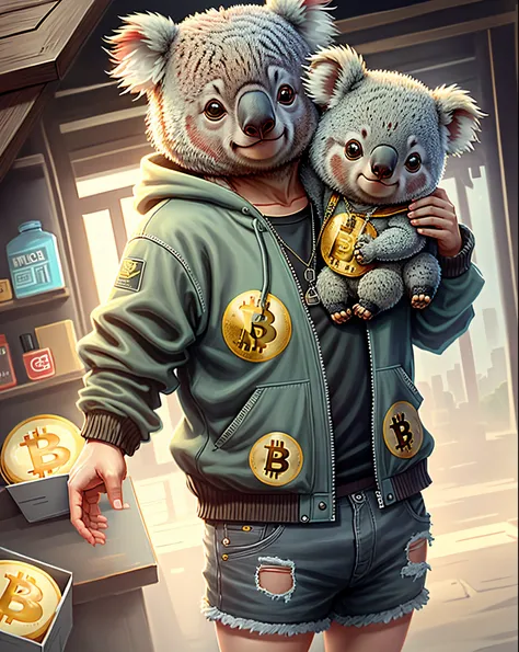 stylish koala wearing clothes, bitcoin