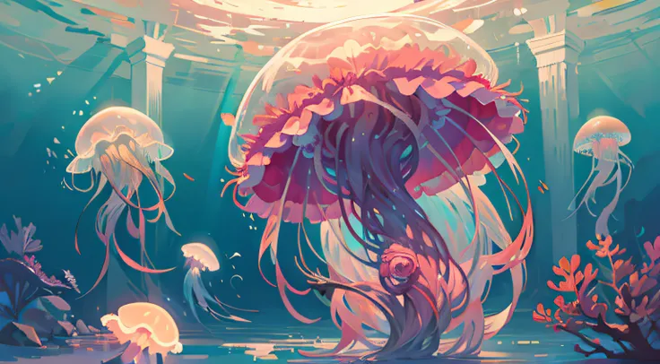 medusa flutuando no oceano com corais e algas, mar como geleia, jellyfish, Medusa, snappy, Dance of the jellyfish, Phoenix Jellyfish, Medusa, jellyfish element, pink jellyfish everywhere, Bright Jellyfish, geleia, jelly fishes, Jellyfish pheonix, cyberpunk...