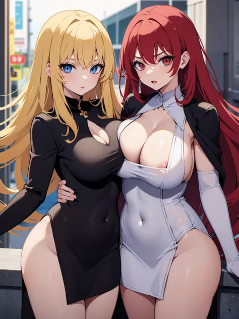 2 girls, one has red hair, red eyes, flushed face, large breasts, looking at the viewer, a gaze full of lust. the other has blonde hair, blue eyes, flushed face, bigger chest size, looking at the viewer, lustful gaze, 8k, both are having sex with Viewers