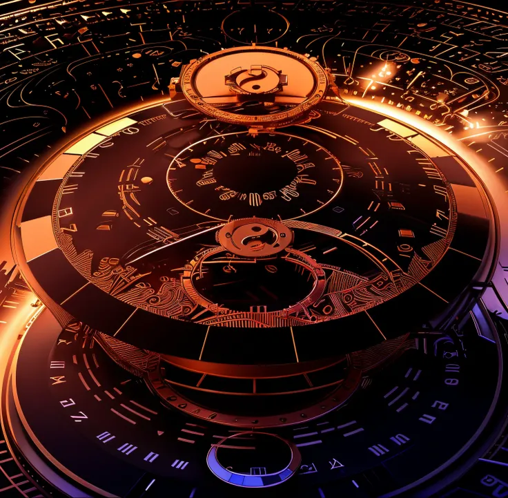 Close-up of clock with circular design, infinite space clock background, Cycle4d rendering, Magical glowing time portal, Infinite time loop, ball of time, Abstract fractal automata, astral clockwork, orrery, Loop 3D rendering, interdimensional clockwork de...