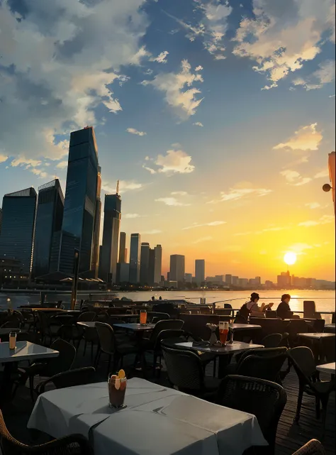 Tables and chairs are set up on the pier overlooking the city, At sunset, Shot using iphone 1 ro max, sunsettime, late sunset, Photographed by iphone 1 ro, At sunset, at sunrise, author：Tom Varnerstrand, Late afternoon, prime time, in the golden hour, late...