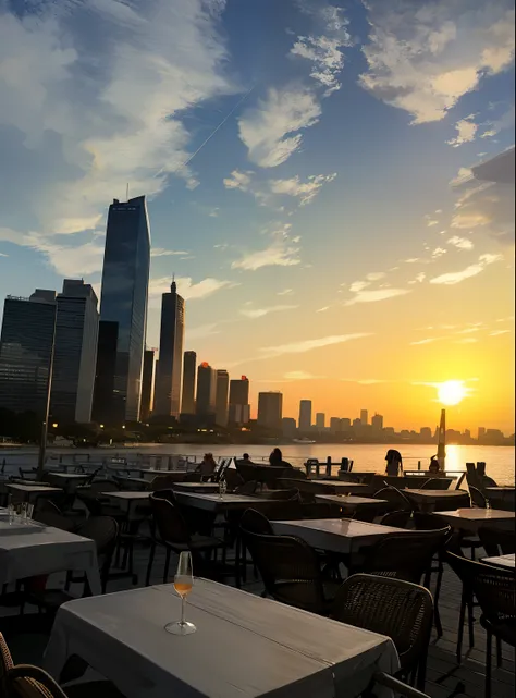 Tables and chairs are set up on the pier overlooking the city, At sunset, Shot using iphone 1 ro max, sunsettime, late sunset, Photographed by iphone 1 ro, At sunset, at sunrise, author：Tom Varnerstrand, Late afternoon, prime time, in the golden hour, late...