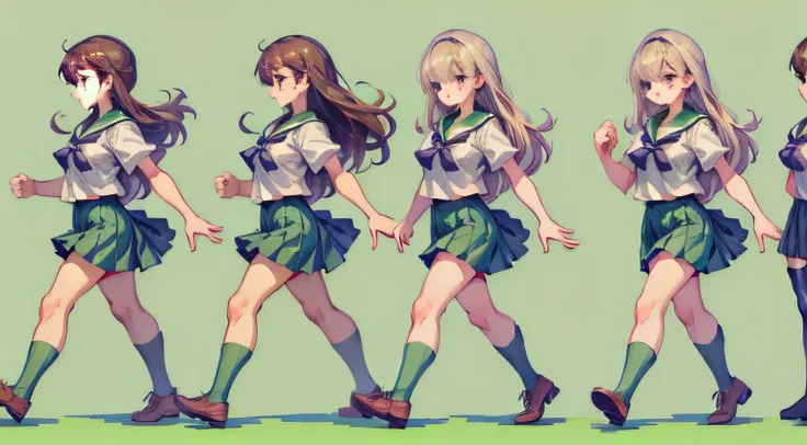 PixelArt, ((sprite sheet)), (plain green background), (walking animation on top panel), (punching animation on bottom panel), (schoolgirl wearing a sailor suit, green skirt, white shirt, long hair, brown hair)