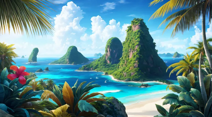 Close-up of a tropical island，There is a ship on board, island background, Concept art wallpaper 4K, 4k high definition wallpaper illustration, 4k highly detailed digital art, Stunning wallpapers, 4k detailed digital art, An epic island matte painting, isl...