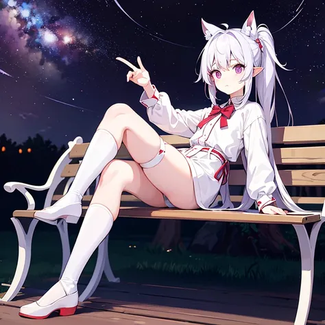 Silvery-white emanation，Double ponytailed hair，calm face，Be red in the face，purple pupils，Wearing white knee-length jk clothes，Pouting，Normal ears，White stockings，the night，Stars in the sky，Bench next to the park，delicate leg