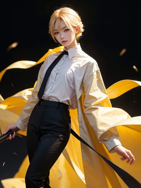 create a realistic portrait, photography , asiatic woman, shot yellow spike hair, a long-sleeved white shirt , black tie, black ...