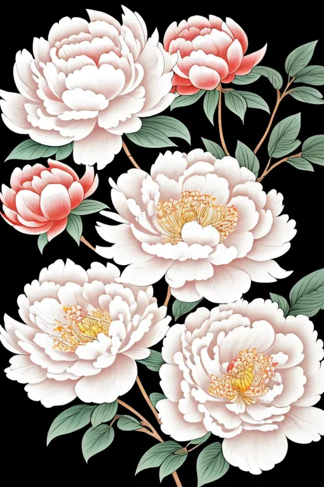 Japanese style drawing, ukiyo-e style, art, super high quality, peonies, buds, blooming