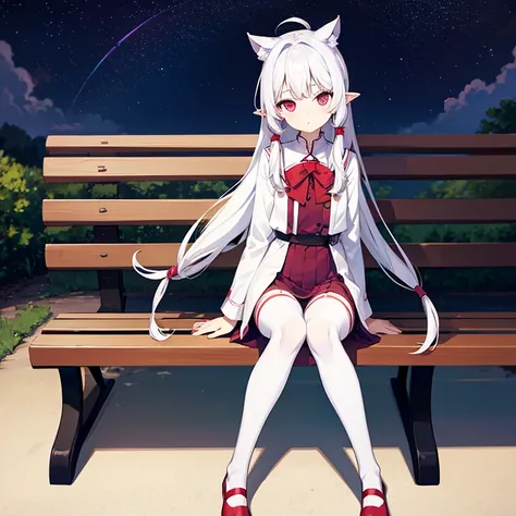 Silvery-white emanation，Double ponytailed hair，calm face，Be red in the face，purple pupils，Wearing white knee-length jk clothes，Pouting，Normal ears，White stockings，the night，Stars in the sky，Bench next to the park，delicate leg