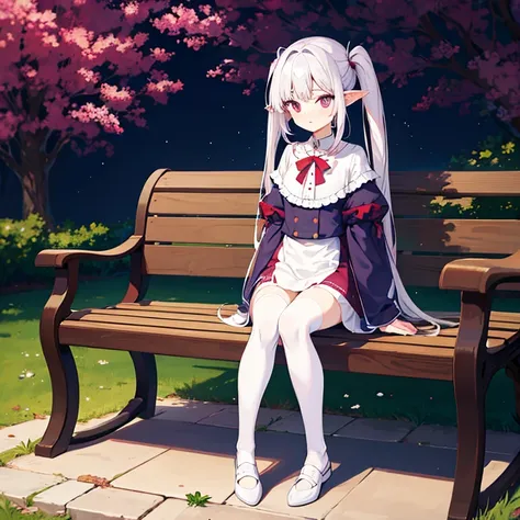 Silvery-white emanation，Double ponytailed hair，calm face，Be red in the face，purple pupils，Wearing white knee-length jk clothes，Pouting，Normal ears，White stockings，the night，Stars in the sky，Bench next to the park，delicate leg