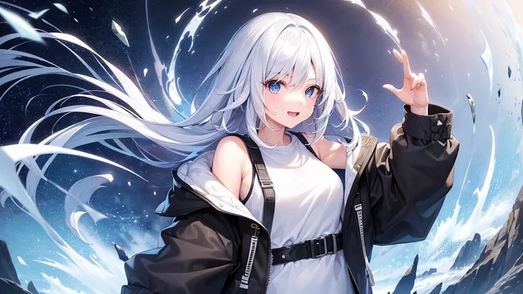 Ultra-high image quality,Look at viewers, hands behind back, girl with, 20 years old, Very short hair, long bangs between eyes, pale blue eyes, Hoodie, Skirt , Extremely detailed,(​masterpiece、top-quality)、report、White hair、A smile、White skin as clear as s...