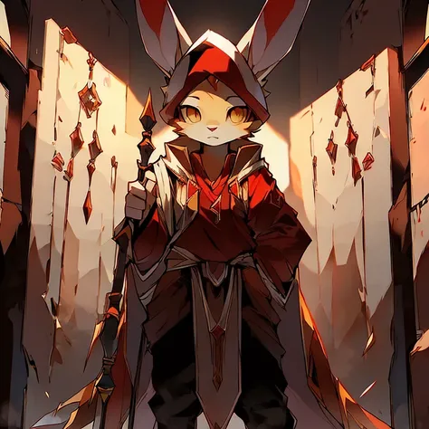 ( female white bunny)   ( guarding the titan ancient door  )  ( pure face  )   (Black pants with red symbol on it )   (yellow  eyes ) ( holding Spear)   ( detail)  ( white cloak with golden pattern on it) ( tall) ( red shirt)