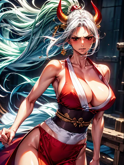 (Best quality at best,8K,A high resolution,tmasterpiece:1.2),Digital artwork, one lady，detailed face，detailed eyes，white hair，gradient green hair end，Big breasts，red eyes，cowboy shot，white obi strip，pelvis curtain，red cloth，oni horn，hair stick，bare shoulde...