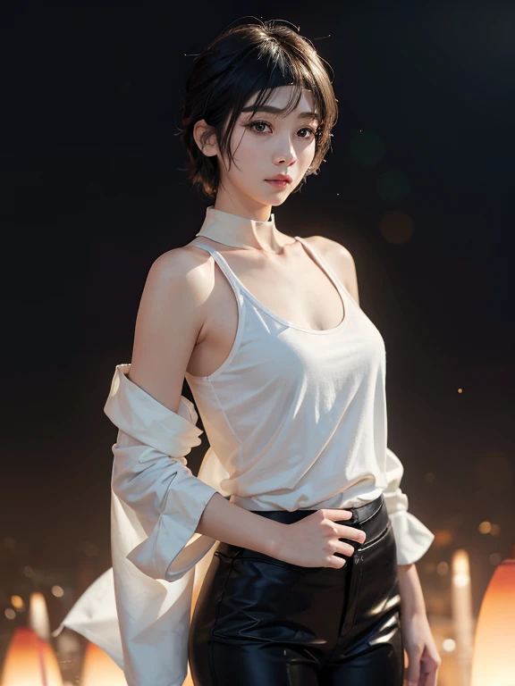 photorealistic portrait, shooting imaging , asian women, Shoot spiky golden hair, White long-sleeved shirt outside , Black tie, He wore a white tank top and black pants..... long, blur background ,